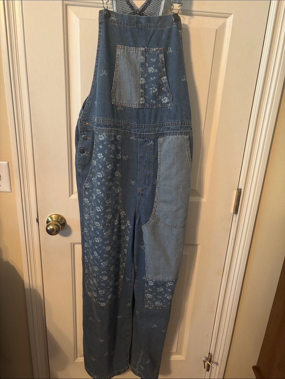 Patchwork Denim Overalls - Blue Floral & Stripe Panels